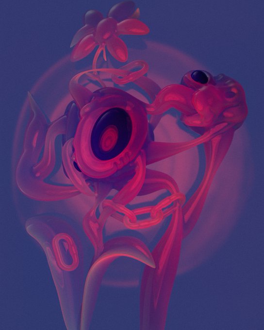 Abstract 3D rendering featuring glossy magenta and purple organic shapes, flowers, and chains arranged vertically against a dark blue background with a glowing circular element.