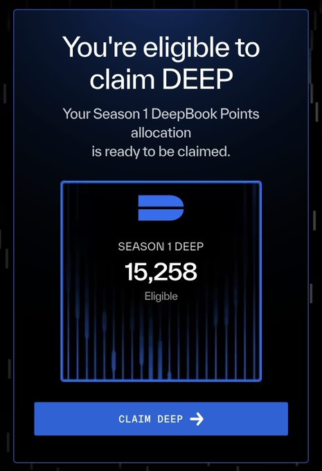 A digital notification card with a dark blue gradient background announces "You're eligible to claim DEEP," stating that "Your Season 1 DeepBook Points allocation is ready to be claimed" with a balance of 15,258 DEEP and a "CLAIM DEEP" button at the bottom.
