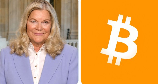 Senator Cynthia Lummis, wearing a lavender blazer, is pictured beside a large white Bitcoin symbol on an orange background, visually representing her advocacy for establishing a U.S. strategic Bitcoin reserve. The pairing highlights her push to acquire 5% of Bitcoin's total supply as a potential solution to the nation's $40 trillion debt.
