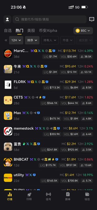 A Binance BSC hot meme token list showing entries like MarsCo... up 4.39%, CETS up 1.82%, and Max up 0.14%, reflecting the low-cap altcoin market referenced in the post about spotting bottoms on Binance Chain before potential breakouts.