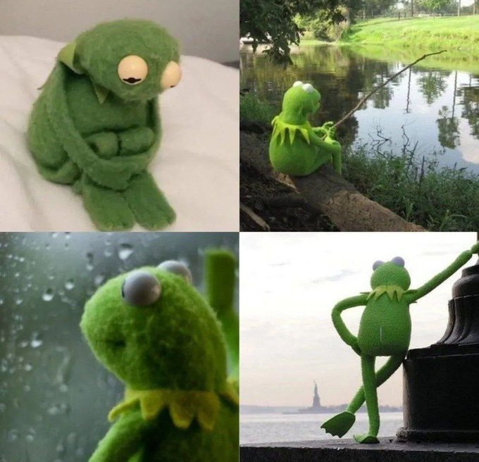 A collage of four images features Kermit the Frog plush toys and figurines in various contemplative poses: sitting on a pillow, fishing by a lake, looking through a rain-streaked window, and leaning against a post with the Statue of Liberty in the background.
