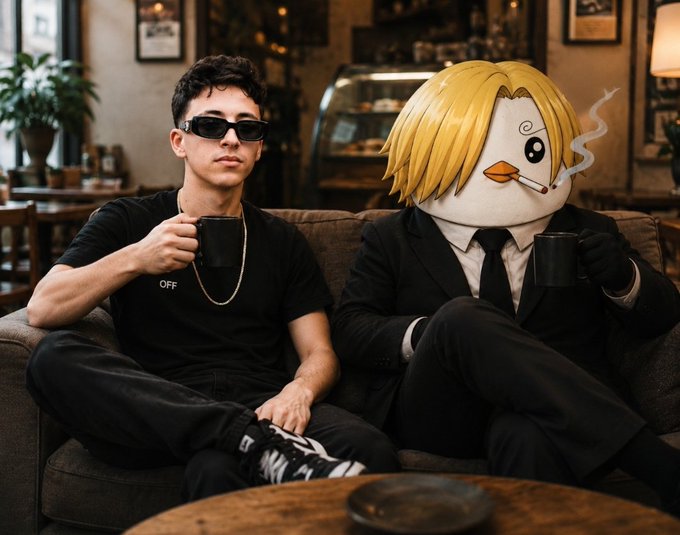Two figures sitting on a couch in a cafe-like setting; one is wearing sunglasses and a black shirt holding a coffee mug, while the other is dressed in a suit with a cartoon-style yellow hair emoji face with a cigarette covering their head.