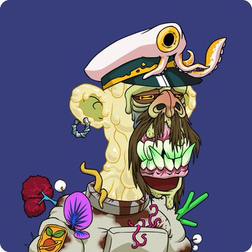 A colorful cartoon illustration of a grotesque zombie-like sailor captain with a mustache, octopus tentacle mouth, and various sea creatures, set against a dark blue background.