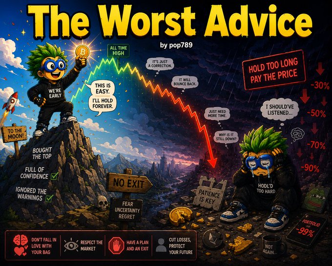 A crypto-themed graphic titled "The Worst Advice by pop789" contrasting an optimistic investor at "ALL TIME HIGH" with a despairing investor at -90%, with tips like "DON'T FALL IN LOVE WITH YOUR BAG" and "CUT LOSSES, PROTECT YOUR FUTURE."
