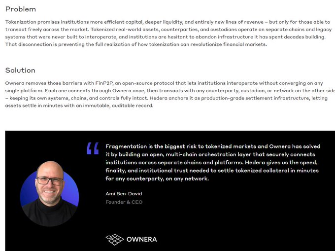 A webpage describes a 'Problem' and 'Solution' regarding tokenization, featuring a quote from Ami Ben-David, Founder & CEO of Ownera, about Hedera and multi-chain orchestration.