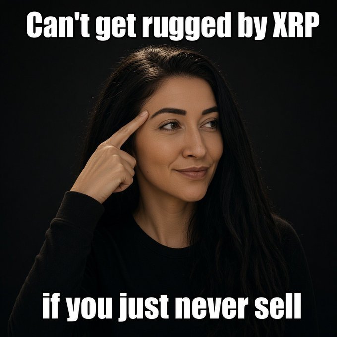 Crypto meme featuring a woman pointing at her temple with text reading 'Can't get rugged by XRP if you just never sell.'