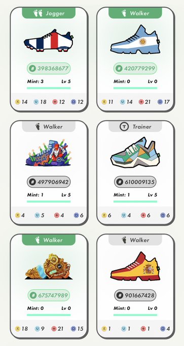 Collection of six digital shoe cards (NFT-style) labeled Jogger, Walker, or Trainer, with mileage stats, Mint numbers, and Level indicators.