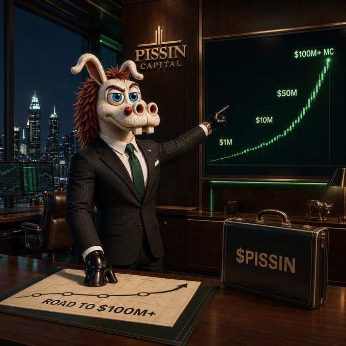 An AI-generated image of an anthropomorphic animal in a suit standing in a "PISSIN CAPITAL" office, pointing at a stock chart showing growth to $100M+ MC, with a briefcase labeled "$PISSIN" and a paper reading "ROAD TO $100M+."