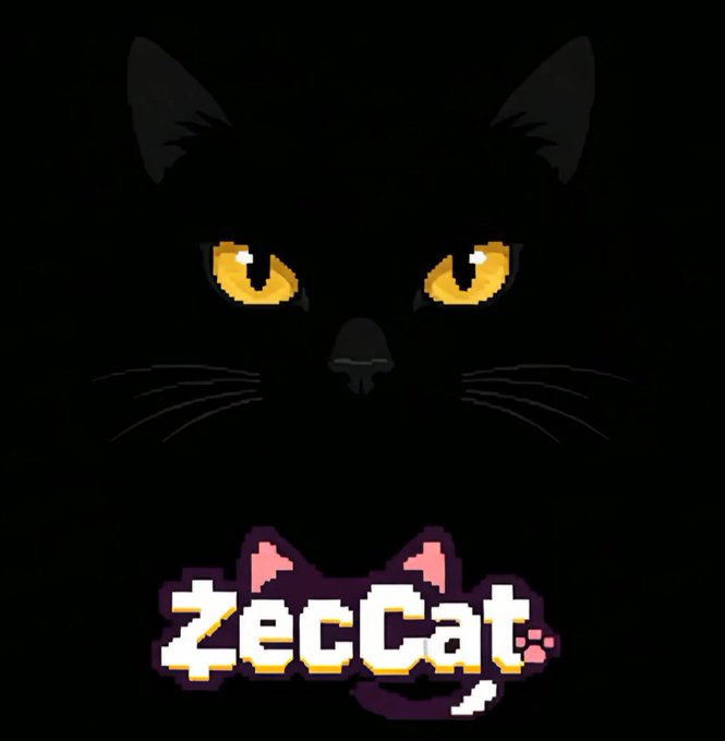 A black cat's face with glowing yellow eyes peers from darkness above a pixelated "ZecCat" logo featuring cat ears and a tail, tying into a 15x giveaway promotion for the @Zeccatnft project on the ZEC token.