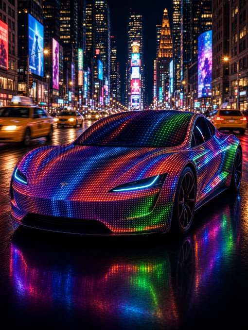 A vibrant, futuristic cityscape at night featuring a brightly colored, neon rainbow-patterned sports car driving down a wet street lined with illuminated billboards and taxis.