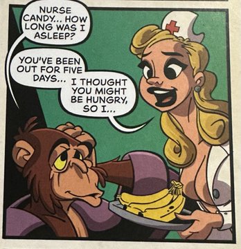 A vintage-style comic panel showing a blonde nurse in a white uniform and cap bringing a plate of bananas to a brown monkey/orangutan patient in a hospital bed, with dialogue reading 'NURSE CANDY, HOW LONG WAS I ASLEEP?' / 'YOU'VE BEEN OUT FOR FIVE DAYS... I THOUGHT YOU MIGHT BE HUNGRY, SO I...''