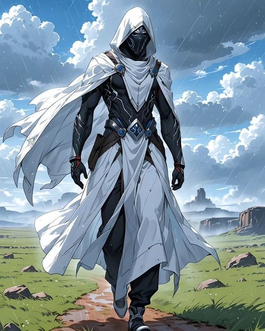 An anime-style illustration of a hooded figure in white and black robes with a masked face walking through a grassy landscape under a cloudy sky.