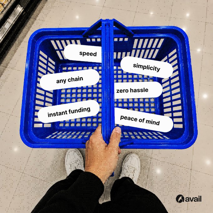 A first-person view shows a person holding a blue shopping basket labeled with benefits like "speed," "simplicity," "zero hassle," "any chain," "instant funding," and "peace of mind," with the Avail logo in the corner. The image cleverly visualizes the post's message by depicting these funding features as "items" being collected into one basket, symbolizing how Avail Deposits bundles everything users want into a single solution.