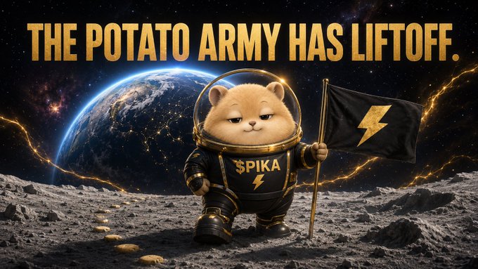 A promotional image featuring a Shiba Inu dog dressed as an astronaut on the moon holding a black flag with a gold lightning bolt, with the text 'THE POTATO ARMY HAS LIFTOFF.' and '$PIKA' on its suit.