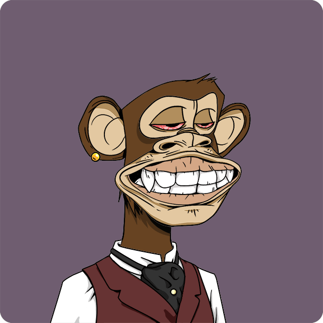 The image features a cartoon monkey wearing a suit, tie, and vest with a big smile on its face. The monkey appears to be happy and content as it poses for the camera. The background of the image is purple, which complements the overall color scheme of the cartoon character. The post about the monkey being bought by someone named "Monke" suggests that this might be an advertisement or promotion related to the monkey's story or brand.