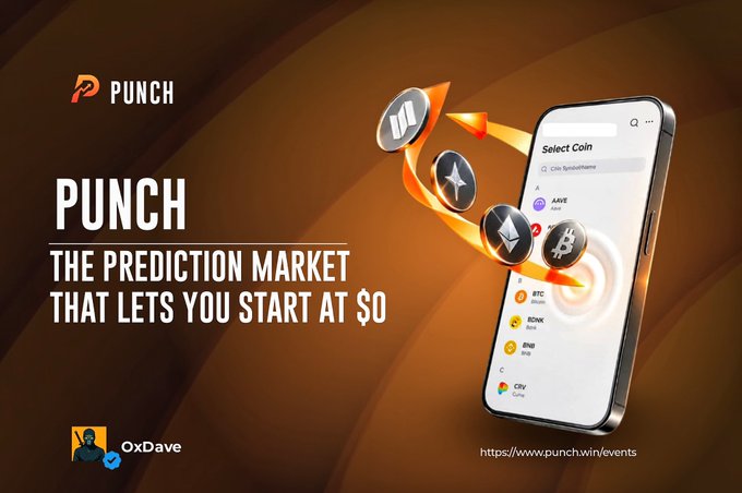 The promotional graphic advertises "PUNCH" with the tagline "THE PREDICTION MARKET THAT LETS YOU START AT $0," displayed on a smartphone showing a "Select Coin" menu with options like BNB, AVVE, BTC, BUNK, BNB, and CRV, alongside floating cryptocurrency icons (PUMP, Ethereum, Bitcoin) and the website "https://www.punch.win/events."

The image visually reinforces the post's message by highlighting PUNCH's zero-cost entry point as a key differentiator from other prediction markets, with the floating crypto coins symbolizing accessible, barrier-free trading on digital assets.