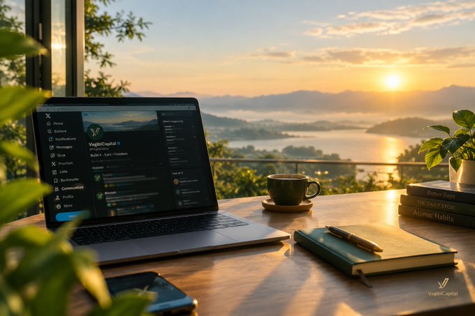 A laptop displaying a dark-themed app interface sits on a wooden desk by a window overlooking a misty lake at sunset, accompanied by a coffee cup, notebook, and books.