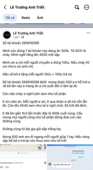 A Vietnamese Facebook post by 'Lê Trường Anh Triết' sharing account number 265916599 and a desperate personal message asking for financial help with detailed transactions.