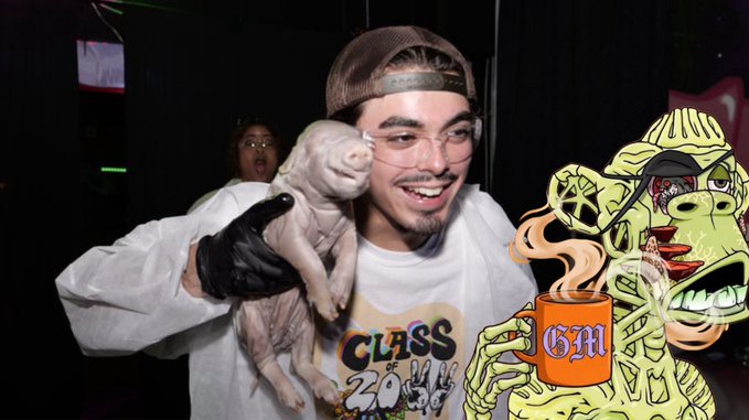A smiling man wearing a "Class of 2016" shirt holds a small dog near his shoulder, while a cartoon zombie on the right holds an orange mug labeled "GH," visually answering the call for a "GM" with a Good Morning greeting.