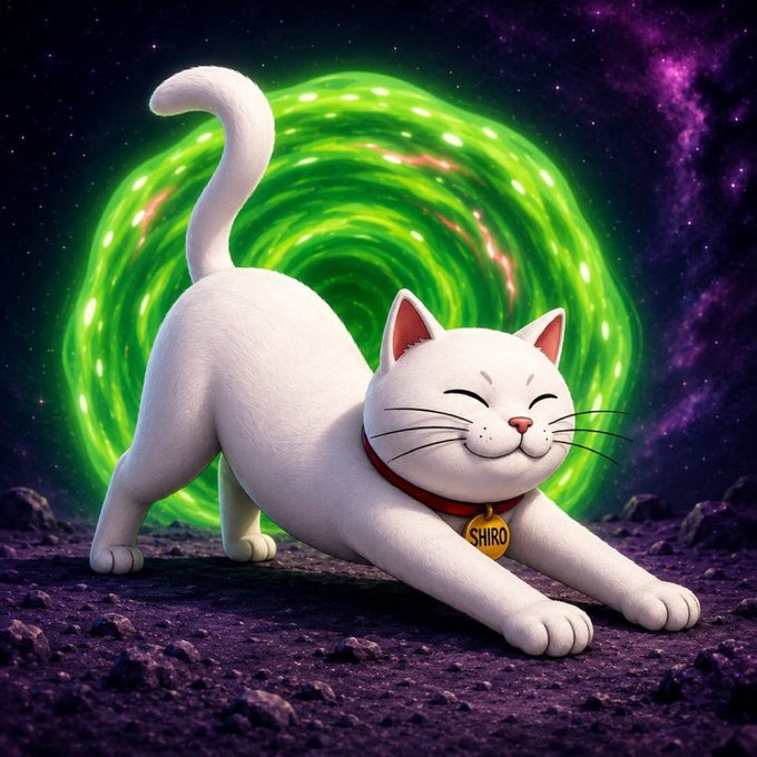 A stylized illustration of a smiling white cat stretching in front of a swirling green portal against a starry purple space background, wearing a red collar with a 'SHIRO' tag.