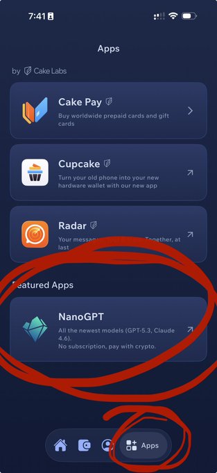 A phone screenshot showing an 'Apps' menu listing options like Cake Pay, Cupcake, Radar, and NanoGPT, with the NanoGPT app circled in red.