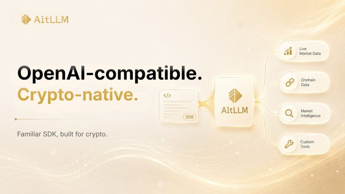 An AltLLM promotional graphic advertises 'OpenAI-compatible. Crypto-native.' services, featuring an SDK diagram connecting to Live Market Data, Onchain Data, Market Intelligence, and Custom Tools.