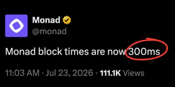A tweet from Monad (@monad) announces that "Monad block times are now 300ms," with the "300ms" highlighted by a red hand-drawn circle, illustrating Monad's recent latency improvement as part of the broader blockchain race toward faster block times shown in the accompanying post.