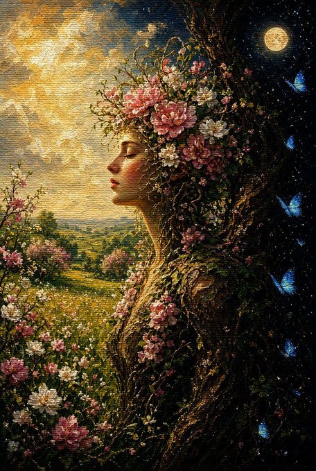 A surrealist artwork depicting a woman's profile merged with a tree, adorned with pink flowers, set against a split background of a sunlit meadow and a dark starry night with a full moon and blue butterflies.