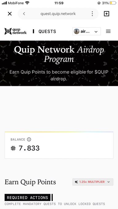 A mobile screenshot of the quest.quip.network page displaying the "Quip Network Airdrop Program" with a balance of 7.833 Quip Points and a 1.25x multiplier indicator.