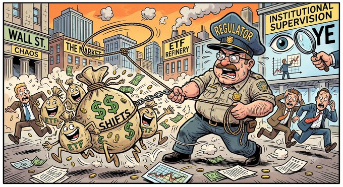 A satirical cartoon depicting a large police officer labeled 'REGULATOR' wielding a lasso to catch anthropomorphized money bags labeled 'ETF' and 'SHIFT$', with 'WALL ST. CHAOS' and 'ETF REFINERY' buildings in the background alongside an eye representing 'INSTITUTIONAL SUPERVISION'.