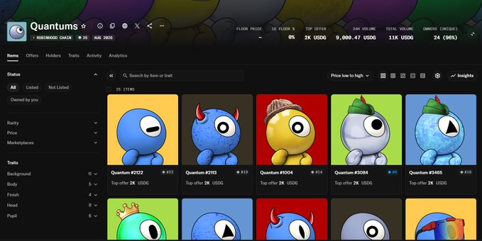 A NFT marketplace interface displaying a 'Quantums' collection with floor price of 2K USDC, 24h volume of 9,060.47 USDC, and various character NFTs with rankings #232-#3465.