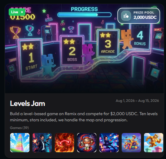 A promotional graphic for the 'Levels Jam' Remix game-building competition running August 1-15, 2026, featuring a prize pool of 2,000 USDC, progress stages (Start, Boss, Arcade), and gameplay screenshots.