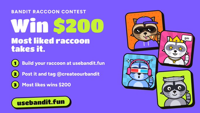 A purple promotional graphic for a 'Bandit Raccoon Contest' offering a $200 prize to the most liked raccoon, featuring cartoon raccoon stickers.