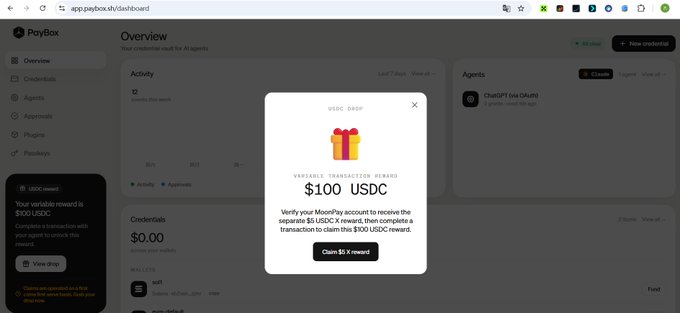This image shows a "USDC DROP" notification on the PayBox dashboard, offering a $100 USDC reward for verifying a MoonPay account and completing a transaction. The accompanying post mentions claiming the PayBox Paybox now, requiring a trade to unlock the 100 USDC and advising to revoke authorization afterward.