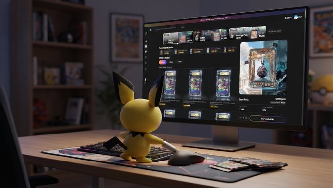 A Pikachu figurine sits on a desk keyboard in front of a curved monitor displaying what looks like a digital card marketplace or NFT store interface, with trading cards visible on the desk.