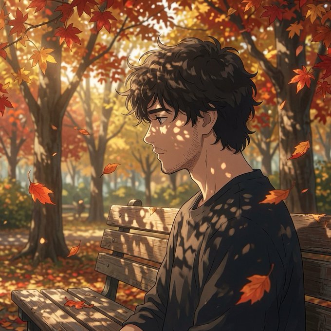 Anime-style illustration of a young man with dark curly hair sitting on a park bench, surrounded by falling autumn leaves and sunlit trees.