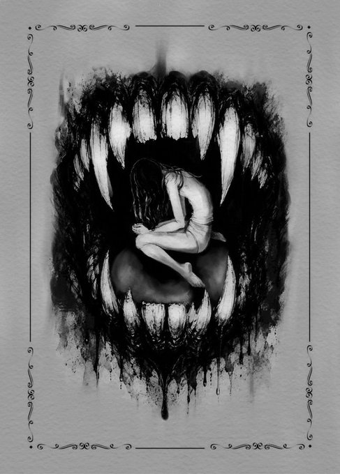 A haunting black-and-white illustration by @whyparia depicts a small, huddled human figure curled defensively in the center of a massive, shadowy maw lined with sharp teeth—visually echoing the post's theme of concealed inner darkness beneath a harmless exterior, with ink dripping like a revelation of what lies underneath.