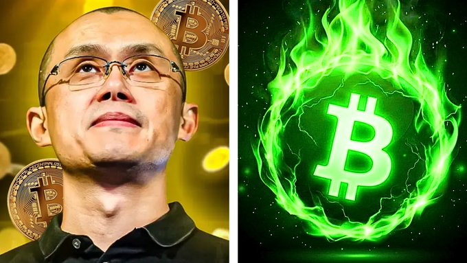 A split image: the left side shows a man with glasses (resembling Changpeng Zhao) with floating Bitcoin coins on a gold background, while the right side displays a green Bitcoin logo engulfed in flames.
