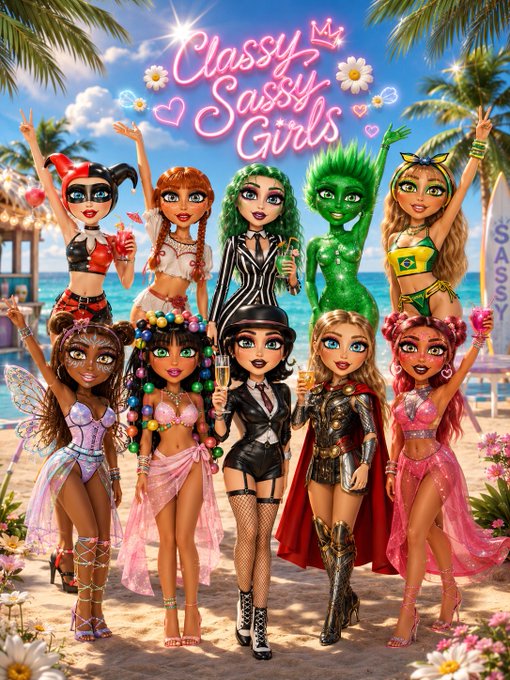 A group of stylish, colorful cartoon girls pose at the beach under a "Classy Sassy Girls" sign with a crown, celebrating the NFT collection's vibrant, hand-drawn aesthetic. The lively scene reflects the CSG brand's fun, empowered spirit, showcasing 10 unique characters in playful summer attire that embodies the collection's diverse and sassy personality.