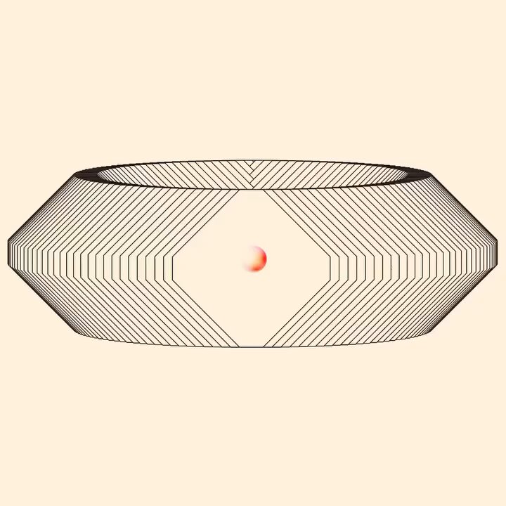 The image features an abstract drawing of a black and white geometric shape, possibly a bowl or a vase, with a red dot inside. The background color of the image is beige. There are no texts present in the image.