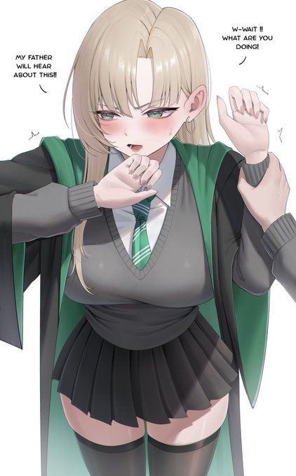 Anime-style illustration of a blonde girl in a school uniform with a green Slytherin scarf, captioned with dialogue bubbles reading "MY FATHER WILL HEAR ABOUT THIS!" and "W-WAIT !! WHAT ARE YOU DOING!".