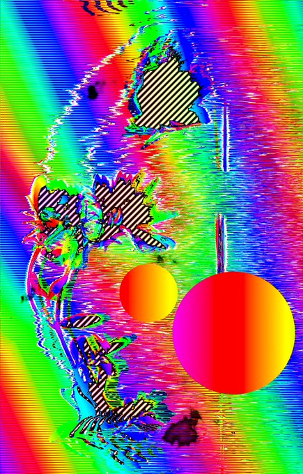 An abstract digital artwork featuring vibrant rainbow-colored glitch effects with striped geometric shapes and two gradient spheres in orange-to-pink tones overlaid on a colorful background.