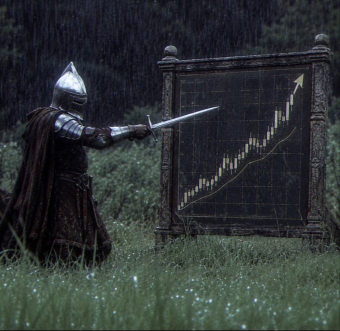 A fantasy-style illustration of a knight in armor holding a sword up to a large chart displaying a sharply rising line and candlesticks in a grassy, rainy field.