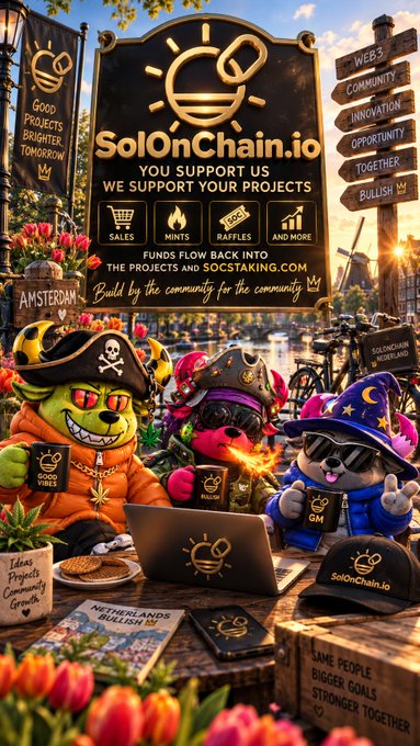 A promotional graphic for SolOnChain.io featuring cartoon characters in pirate and wizard attire, with text "Good Projects Brighter Tomorrow," "You Support Us We Support Your Projects," and "Build by the community for the community."