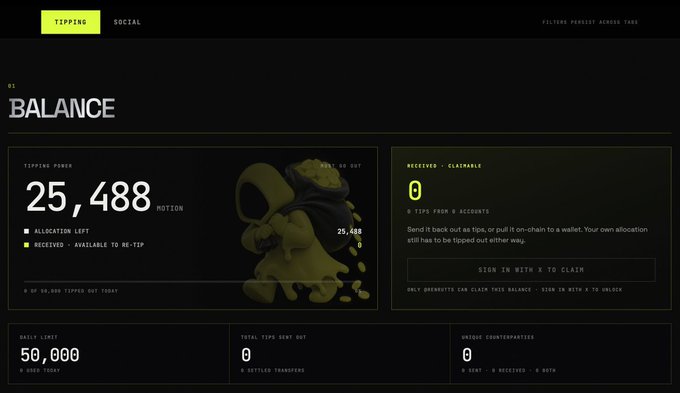 A screenshot of a digital dashboard titled 'BALANCE' showing a 'TIPPING POWER' of 25,488 MOTION, with a 'RECEIVED - CLAIMABLE' section at 0 tips, and a daily limit of 50,000.