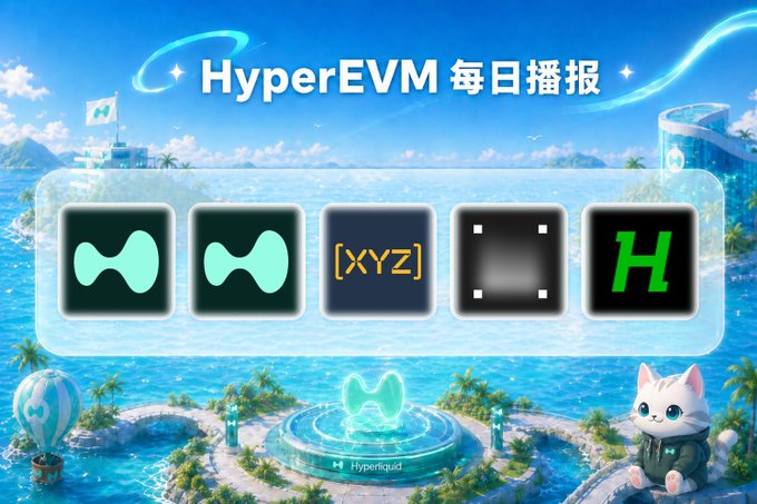 A digital illustration for 'HyperEVM 每日播报' (Daily Broadcast) showing an island scene with crypto token icons including [XYZ] and H, branded with Hyperliquid logo and a cat mascot.