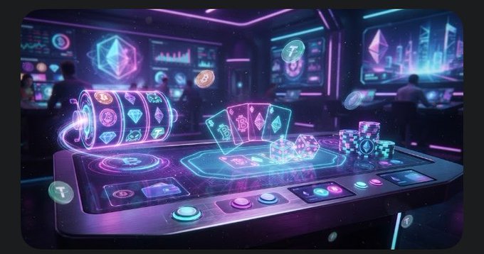 A neon-lit, futuristic cyberpunk gambling table displaying glowing slot machine reels, playing cards, dice, and poker chips in a high-tech entertainment venue.