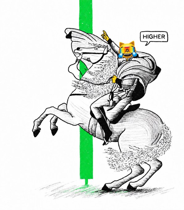 A stylized black-and-white drawing of a person riding a rearing horse with a green vertical stripe behind them, featuring a speech bubble with a crying cat emoji saying 'HIGHER'.