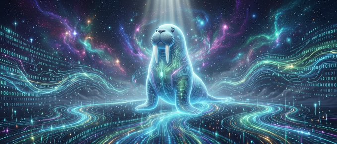 A digital artwork of a glowing, holographic walrus with circuit-board patterns sitting amidst streams of binary code and colorful nebulas under a beam of light.