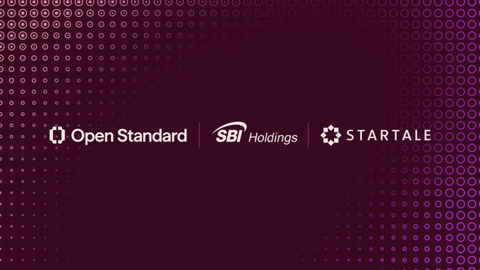 A purple gradient banner with a dotted pattern displaying logos for 'Open Standard', 'SBI Holdings', and 'STARTALE'.